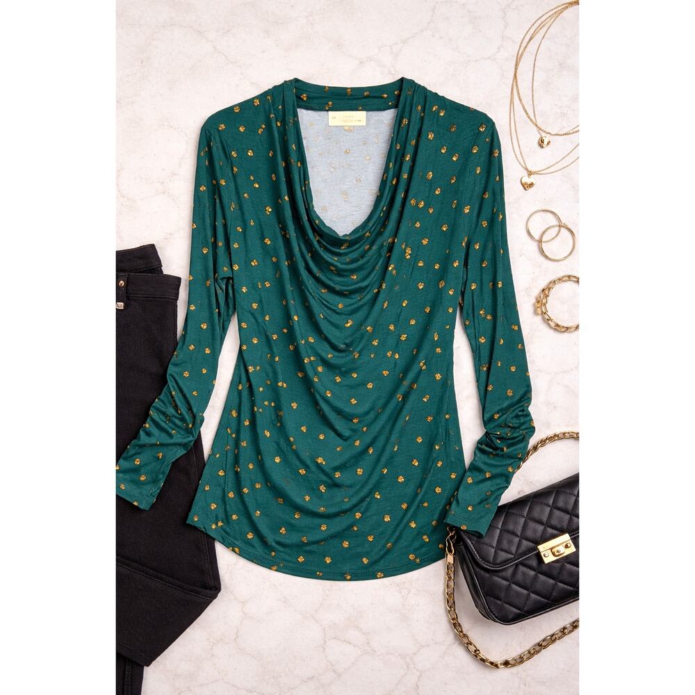 Michael Kors Green Drape Neck Top Medium Gold Print Long Sleeve Blouse